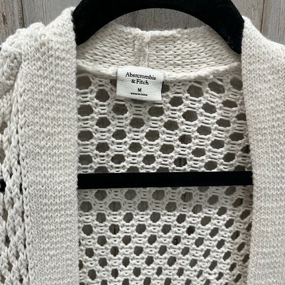 Abercrombie & Fitch Cream Open Front Knit Crochet Cardigan Womens Medium Cotton - Picture 2 of 6